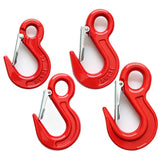 heavy-duty eye lifting hook with safety latch and red powder-coated finish for chain rigging, hoisting and material handling