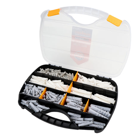 332-piece wall plug assortment kit with multiple sizes plastic wall anchors stored in a portable organizer case for concrete, brick, drywall and wood walls