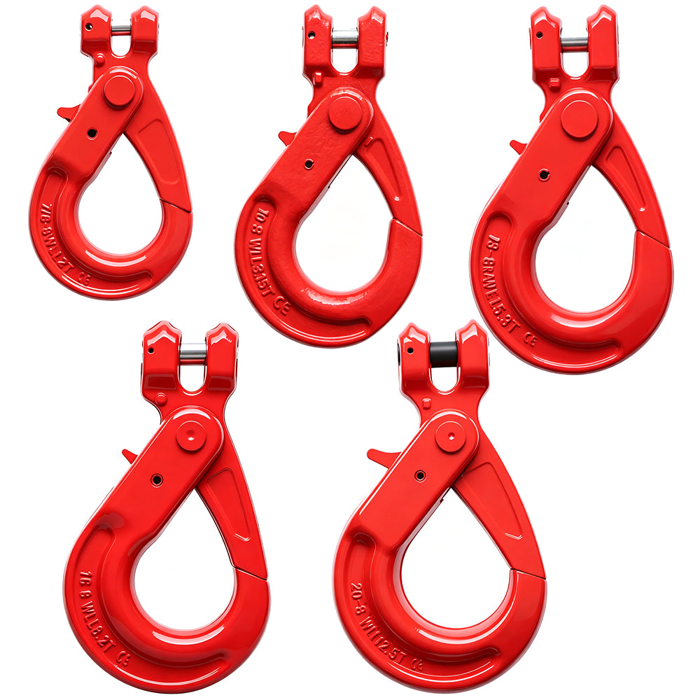 G80 clevis self-locking lifting hook with powder-coated finish and secure locking gate for chain rigging, hoisting and material handling