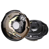 2-piece 12 inch trailer electric brake assembly with backing plate, brake shoes, electro-magnet, hand brake lever, adjuster screw and mounting holes