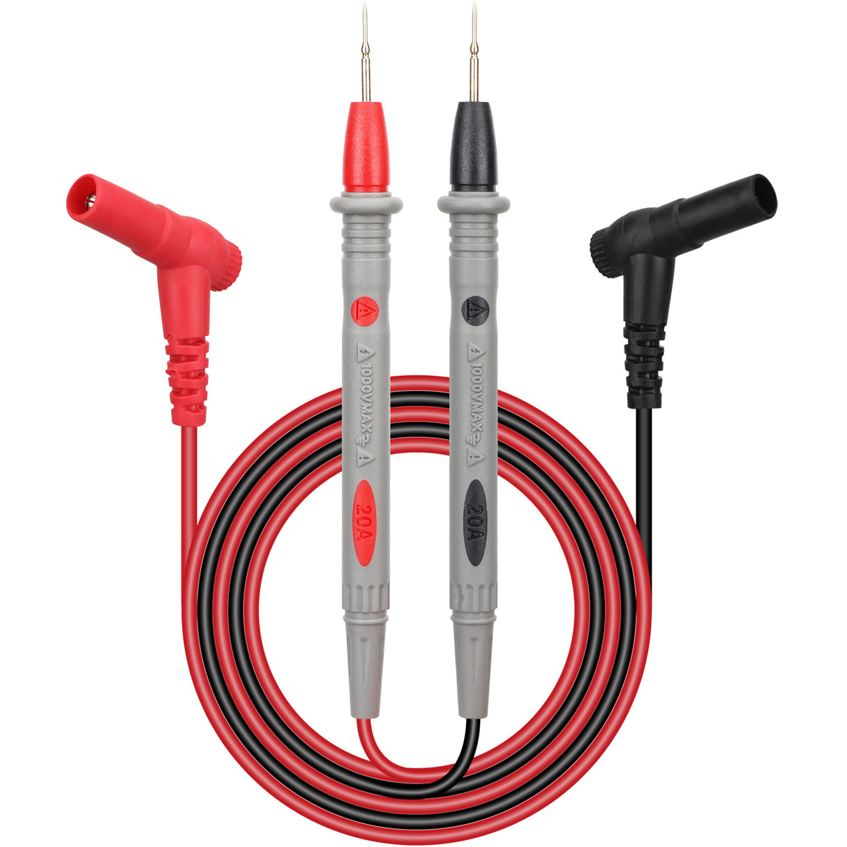 SWANLAKE 1000V 20A multimeter test leads with red and black silicone cables, sharp probe tips, banana plug connectors, and insulated grips