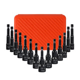 15-piece magnetic nut driver set with 1/4 inch hex shank, Metric and SAE sizes, CR-V black finish impact driver bits and orange storage case for drills and impact drivers