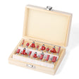 15-piece 1/4 inch shank router bit set in wooden storage case with straight, dovetail, cove, cove box, Roman ogee, corner round, chamfer, mortising and V-slot bits for woodworking