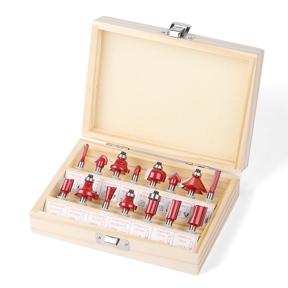 15-piece 1/4 inch shank router bit set in wooden storage case with straight, dovetail, cove, cove box, Roman ogee, corner round, chamfer, mortising and V-slot bits for woodworking