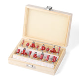 15-piece 1/4 inch shank router bit set in wooden storage case with straight, dovetail, cove, cove box, Roman ogee, corner round, chamfer, mortising and V-slot bits for woodworking