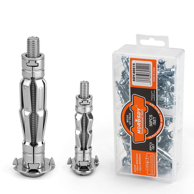 50-piece hollow wall anchor set with metal expansion anchors for drywall and plasterboard fixing