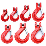 heavy-duty clevis slip hook with safety latch, cotter pin and red powder-coated finish for lifting, towing, recovery and rigging applications