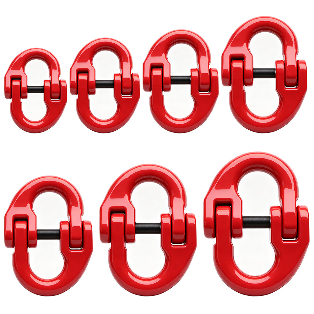 G80 hammerlock coupling link with red powder-coated finish for connecting Grade 80 lifting chains, rigging and hoisting assemblies