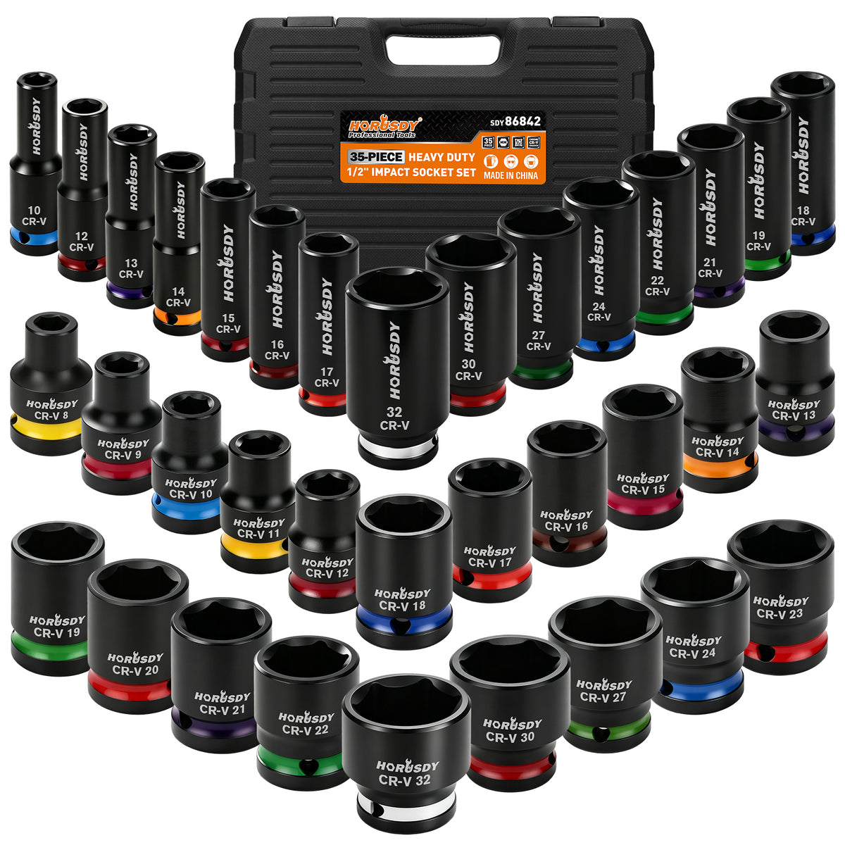 35-piece 1/2-inch drive metric impact socket set with 8-32mm CR-V 6-point deep and shallow sockets and carry case