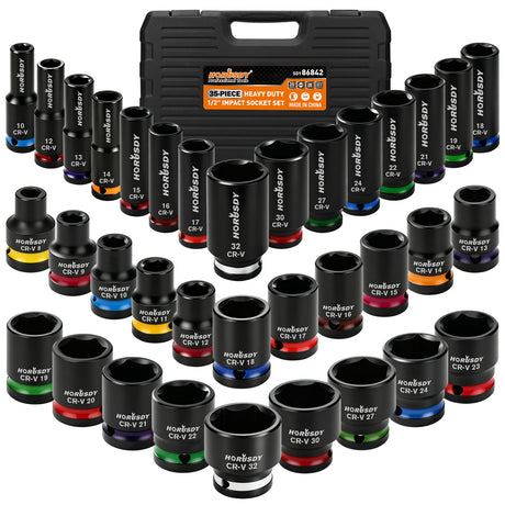 35-piece 1/2-inch drive metric impact socket set with 8-32mm CR-V 6-point deep and shallow sockets and carry case
