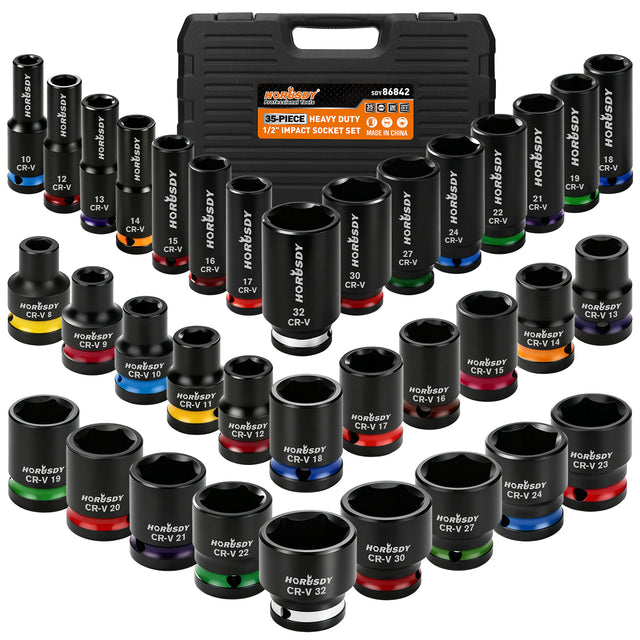 35-piece 1/2-inch drive metric impact socket set with 8-32mm CR-V 6-point deep and shallow sockets and carry case
