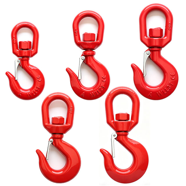 heavy-duty swivel lifting hook with safety latch and red powder-coated finish for rigging, hoisting and material handling