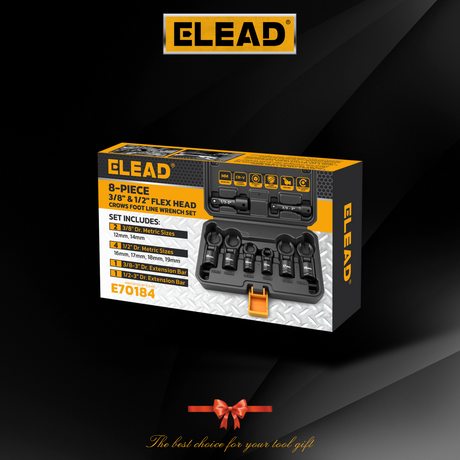 ELEAD 8 piece flex head crowfoot line wrench set with 3/8 and 1/2 inch drive metric flare nut wrenches for automotive repair