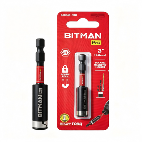 1/4 inch impact magnetic bit holder with quick change hex shank, double locking mechanism, strong magnetic tip and torsion zone, available in 2.5 inch, 3 inch and 6 inch lengths for impact drivers and power drills.