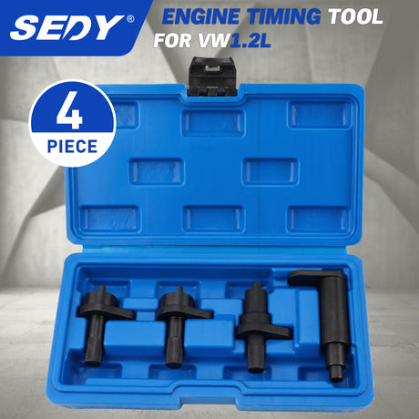4-piece engine timing tool kit for VW 1.2L engines with camshaft locking spacers and crankshaft thrust tool in storage case for timing chain service