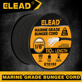 1/8 inch x 110ft marine grade black bungee cord roll with 3mm diameter, stretch rubber core, braided outer cover, 29 lbs load capacity and outdoor tie-down use