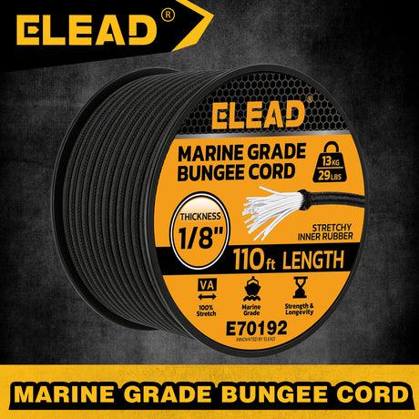 1/8 inch x 110ft marine grade black bungee cord roll with 3mm diameter, stretch rubber core, braided outer cover, 29 lbs load capacity and outdoor tie-down use
