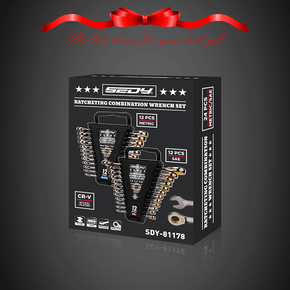 SEDY 24-piece metric and SAE ratcheting combination wrench set with CR-V steel and magnetic storage racks