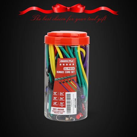 24-piece heavy duty bungee cord set with multi-length elastic straps and coated steel hooks for camping, transport and storage