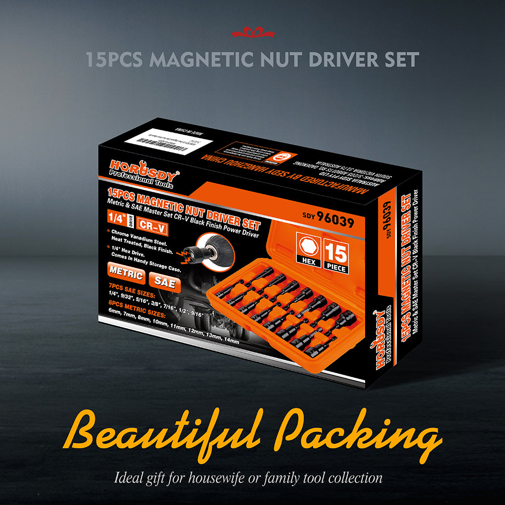 15-piece magnetic nut driver set with 1/4 inch hex shank, Metric and SAE sizes, CR-V black finish impact driver bits and orange storage case for drills and impact drivers