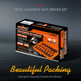 15-piece magnetic nut driver set with 1/4 inch hex shank, Metric and SAE sizes, CR-V black finish impact driver bits and orange storage case for drills and impact drivers