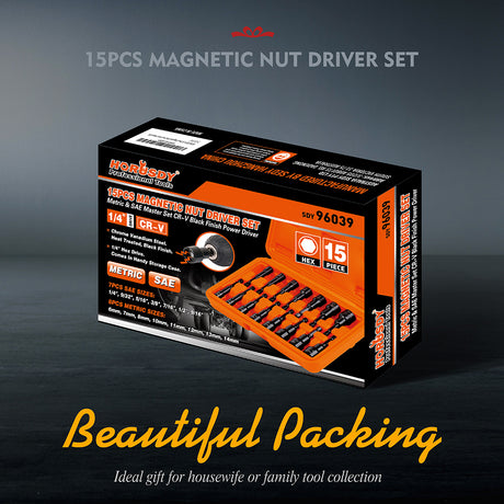 15-piece magnetic nut driver set with 1/4 inch hex shank, Metric and SAE sizes, CR-V black finish impact driver bits and orange storage case for drills and impact drivers