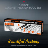 5-piece telescoping magnetic pickup tool set with 1.5 lb, 3 lb, 10 lb and 15 lb magnet tools, pocket clips, padded handles and large stainless steel magnetic parts tray for screws, bolts and auto repair