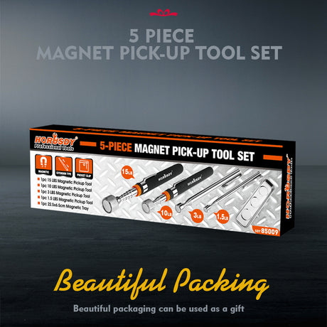 5-piece telescoping magnetic pickup tool set with 1.5 lb, 3 lb, 10 lb and 15 lb magnet tools, pocket clips, padded handles and large stainless steel magnetic parts tray for screws, bolts and auto repair