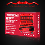 112PCS hex and Torx bit socket set with long-reach bits and 3/8 inch ratchet in red storage case