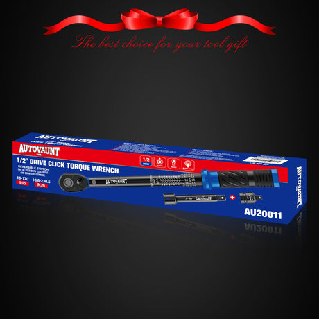 1/2 inch drive click torque wrench with 10-170 ft-lb and 13.6-230.5 Nm dual scale, 72-tooth reversible ratchet, 5-inch extension bar, 1/2 to 3/8 adapter, storage case and inspection certificate for automotive, truck and motorcycle maintenance