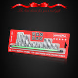 SEDY 12-piece metric socket set with magnetic green organizer rail, including deep and shallow CR-V sockets and 2 extension bars for automotive repair