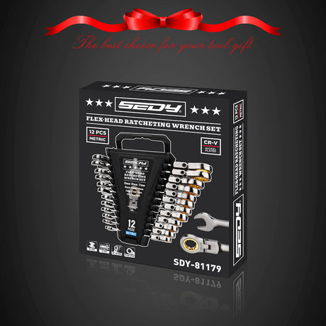 SEDY 12-piece SAE ratcheting wrench set with CR-V steel, 72-tooth mechanism and magnetic storage rack