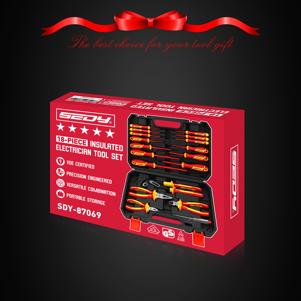 18-piece insulated electrician tool set with 1000V VDE screwdrivers, insulated pliers, voltage tester and storage case