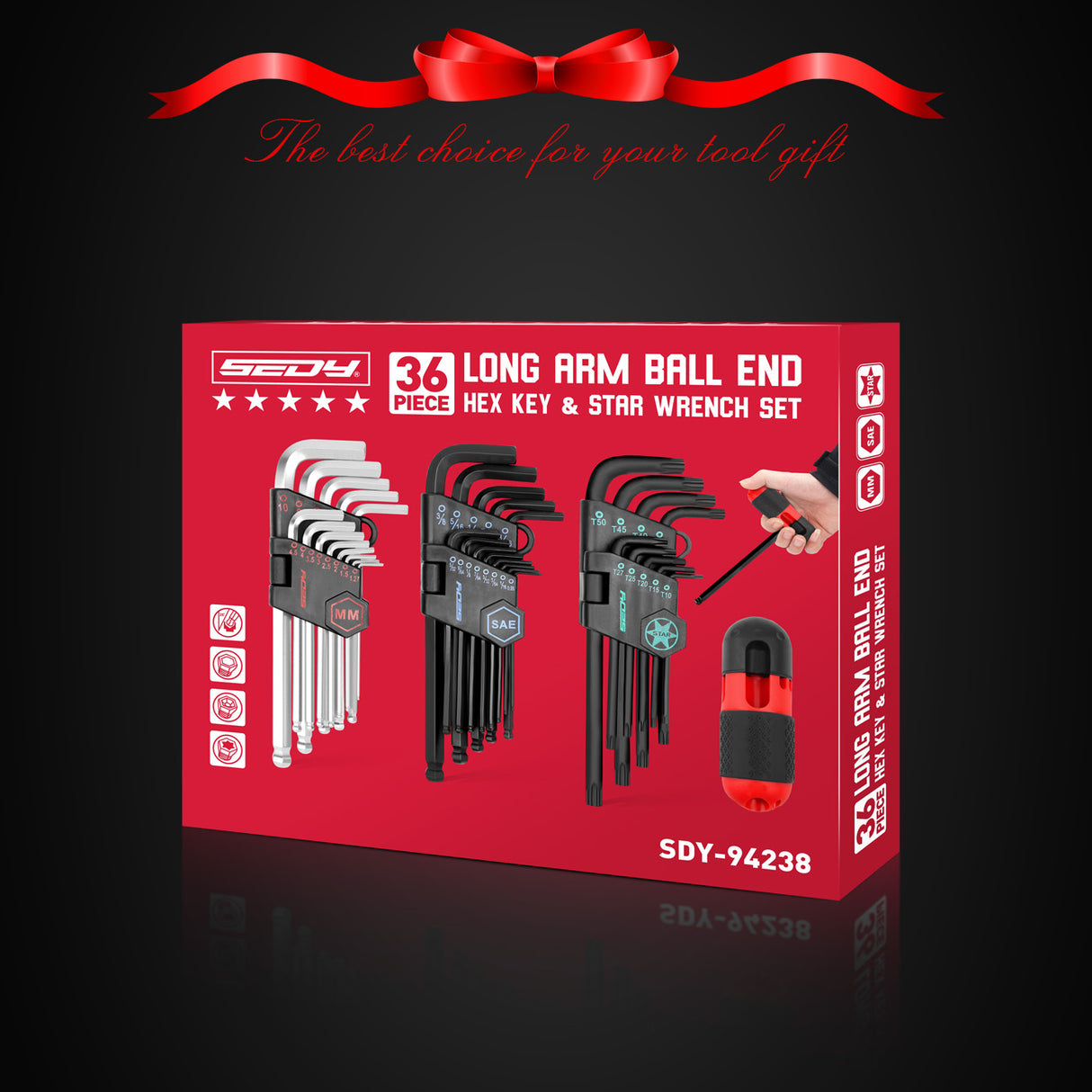 SEDY 36 piece long arm ball end hex key and torx star wrench set with SAE metric sizes, T handle and storage bag