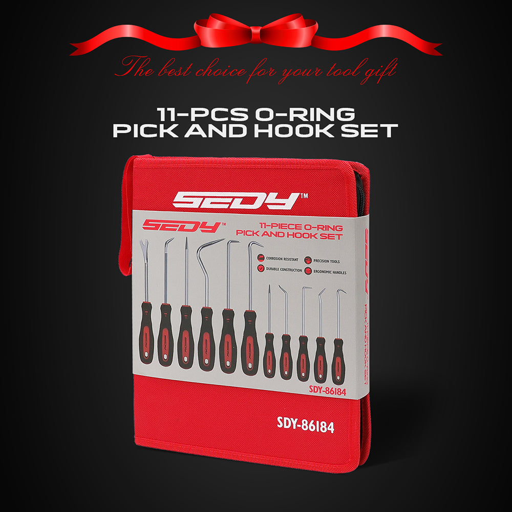 11-piece O-ring pick and hook set with CR-V hooks and red carry pouch