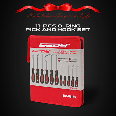 11-piece O-ring pick and hook set with CR-V hooks and red carry pouch