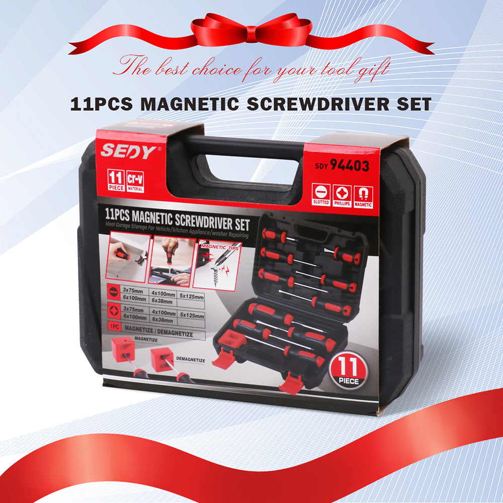 SEDY 11-Piece Magnetic Screwdriver Set with Demagnetizer, CR-MO-V Phillips & Slotted Screwdrivers, S2 Steel Tips, Non-Slip Handles & Portable Storage Case