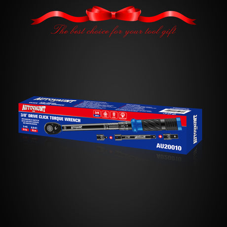 3/8 inch drive click torque wrench with 5-45 ft-lb and 6.8-61 Nm dual scale, 72-tooth reversible ratchet, 3-inch extension bar, 3/8 to 1/4 and 3/8 to 1/2 adapters, storage case and inspection certificate