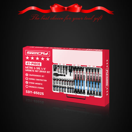 SEDY 41-piece 1/4-inch drive magnetic nut driver set with metric and SAE bits, strong magnetic tips, ratchet handle, and universal socket for versatile repair use.