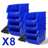 Robust Wall Mounted Bins Rack featuring 8 orange stackable plastic storage trays and 3 plastic racking, ideal for organizing small parts, tools, fishing tackle, and craft supplies. Designed to mount easily on pegboard, slot wall, or wooden studs, offering a versatile and space-saving solution for any workshop, garage, or hobby room