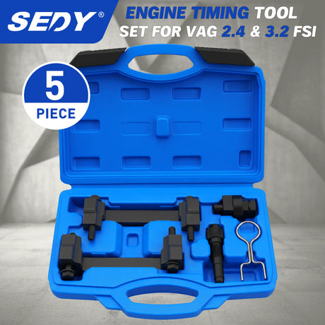 5-piece engine timing tool kit for VAG 2.4 and 3.2 FSI engines with camshaft locking tools, tensioner pin, and storage case for Audi and Volkswagen timing chain service