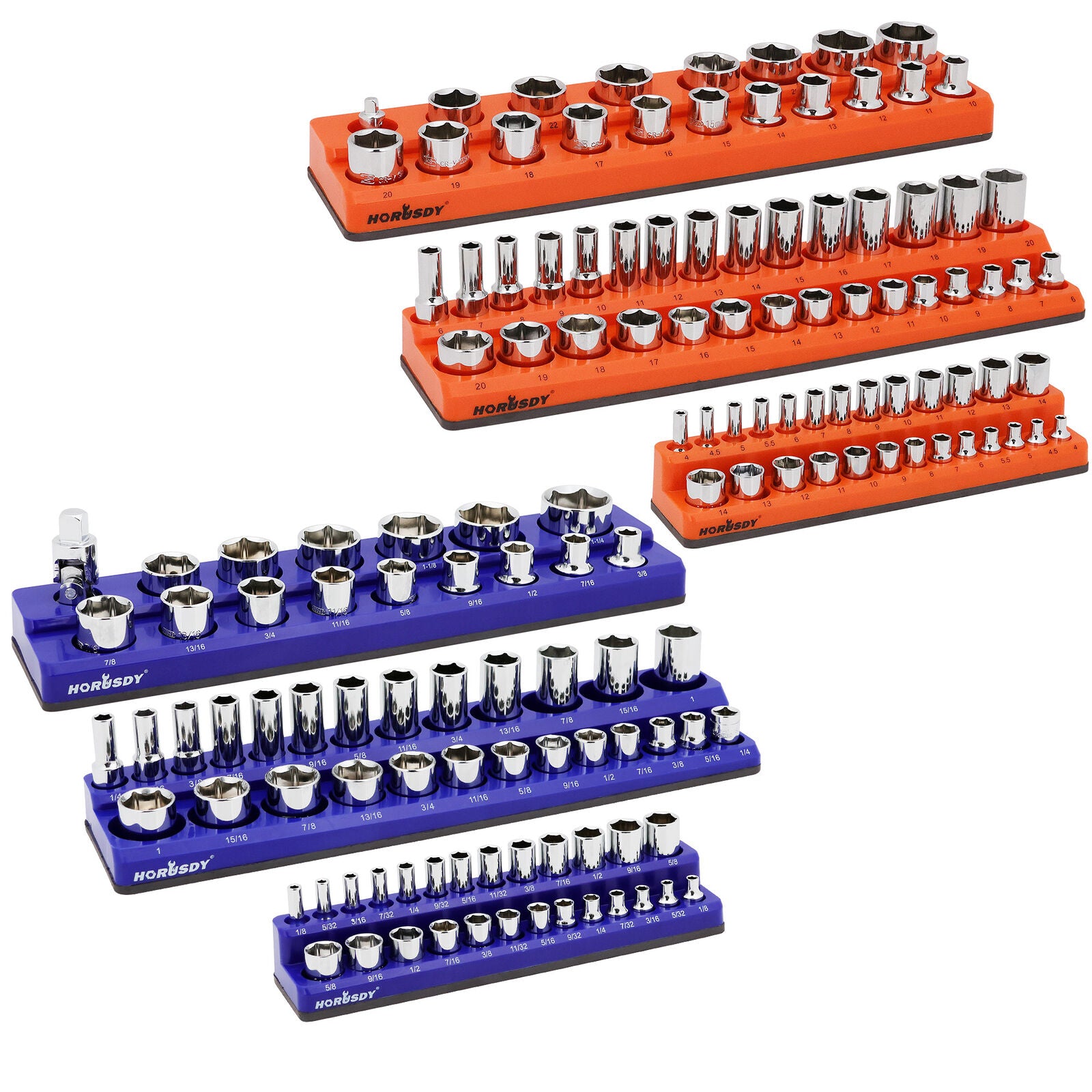 6-piece magnetic socket organizer set with orange and blue holders for SAE and metric sockets