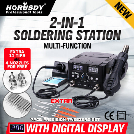 Professional 2-in-1 soldering and desoldering station equipped with a precision hot air gun and soldering iron, featuring dual digital LCD displays for accurate temperature control