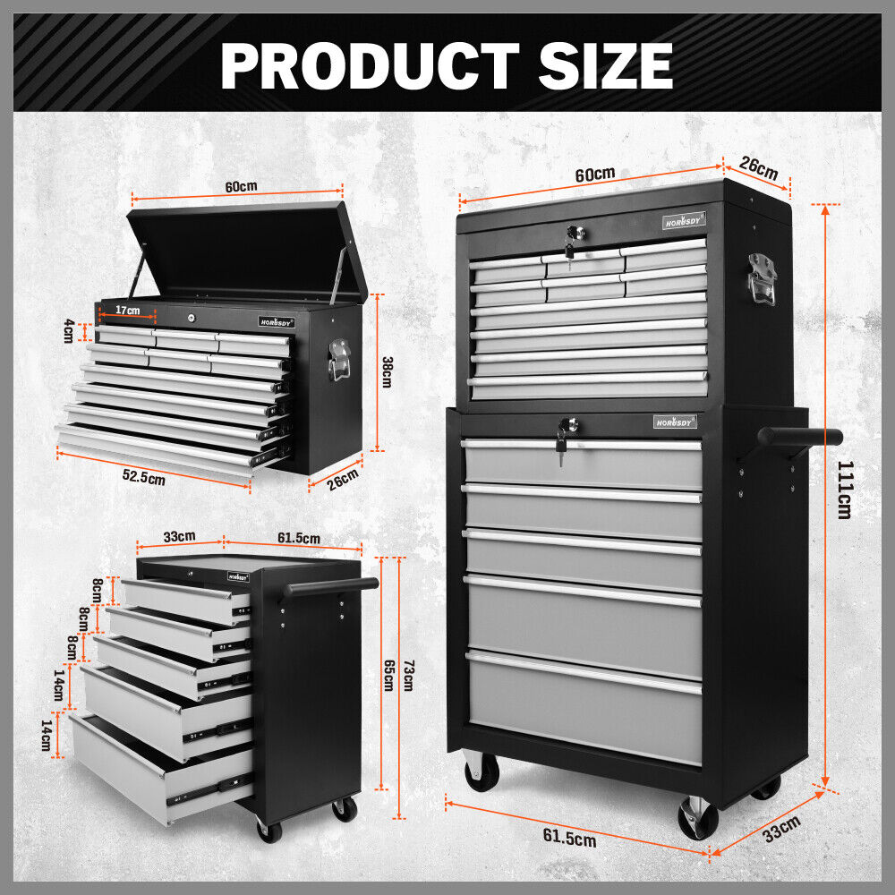 Durable multi-drawer tool box trolley in blue/black, featuring lockable storage compartments and smooth rolling casters for workshop organization