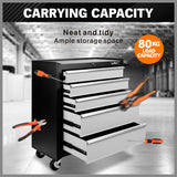 Durable multi-drawer tool box trolley in blue/black, featuring lockable storage compartments and smooth rolling casters for workshop organization