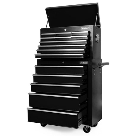 Durable multi-drawer tool box trolley in blue/black, featuring lockable storage compartments and smooth rolling casters for workshop organization