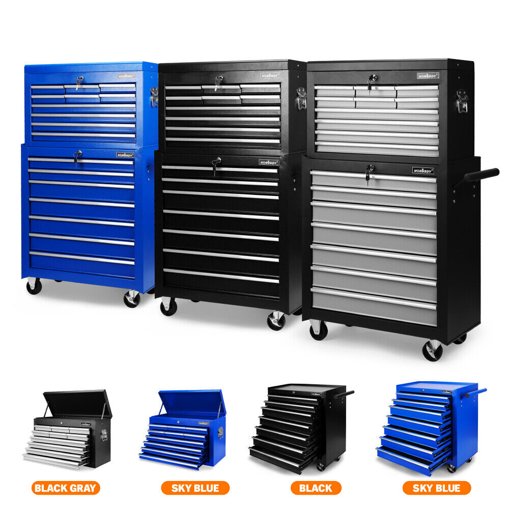 Heavy-duty tool trolley cabinet with 17 drawers, lockable wheels, and ample storage space