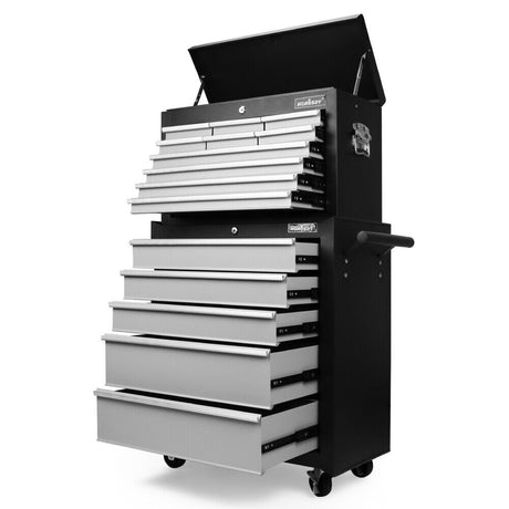 Durable multi-drawer tool box trolley in blue/black, featuring lockable storage compartments and smooth rolling casters for workshop organization