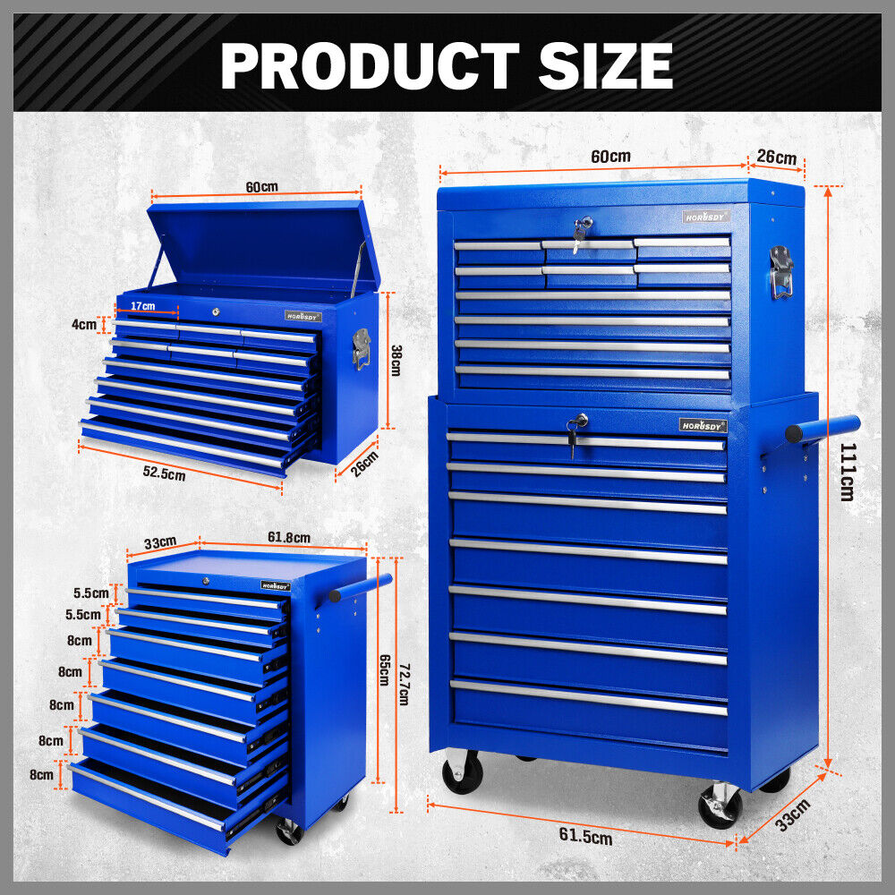 Heavy-duty tool trolley cabinet with 17 drawers, lockable wheels, and ample storage space