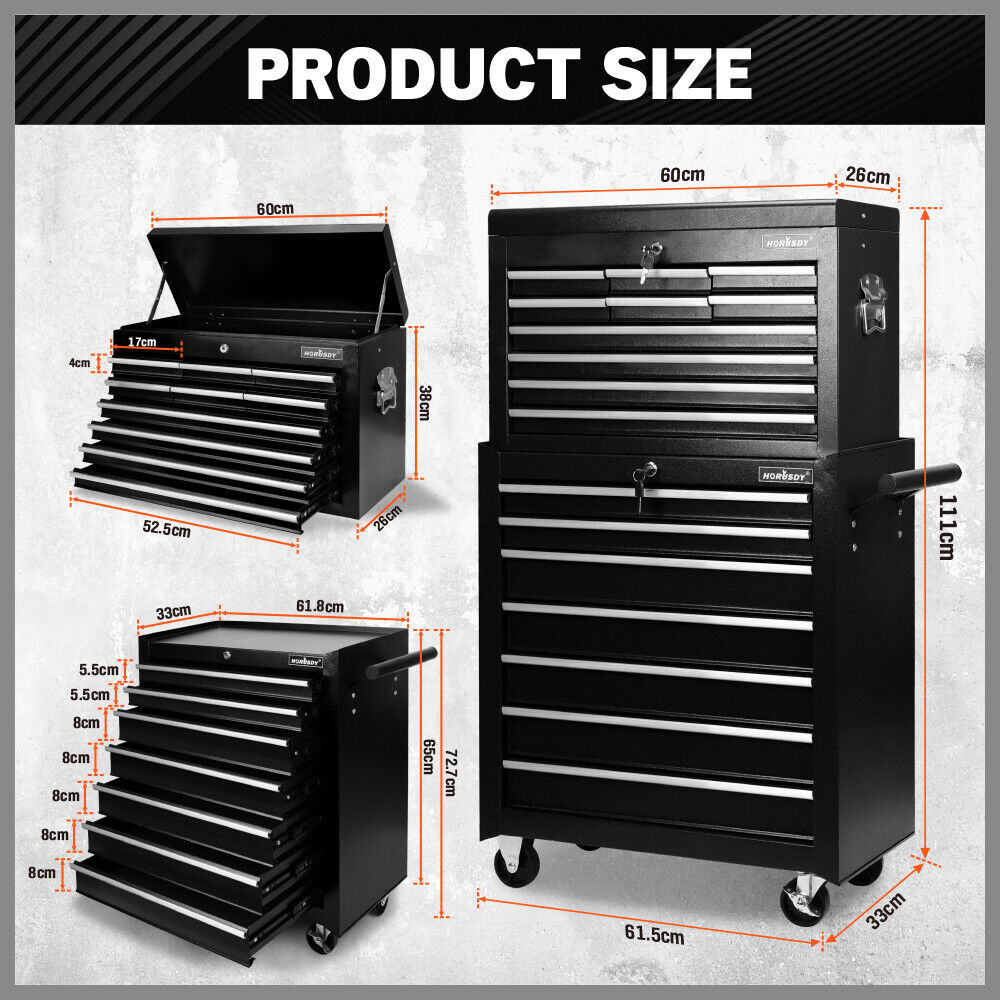 Heavy-duty tool trolley cabinet with 17 drawers, lockable wheels, and ample storage space